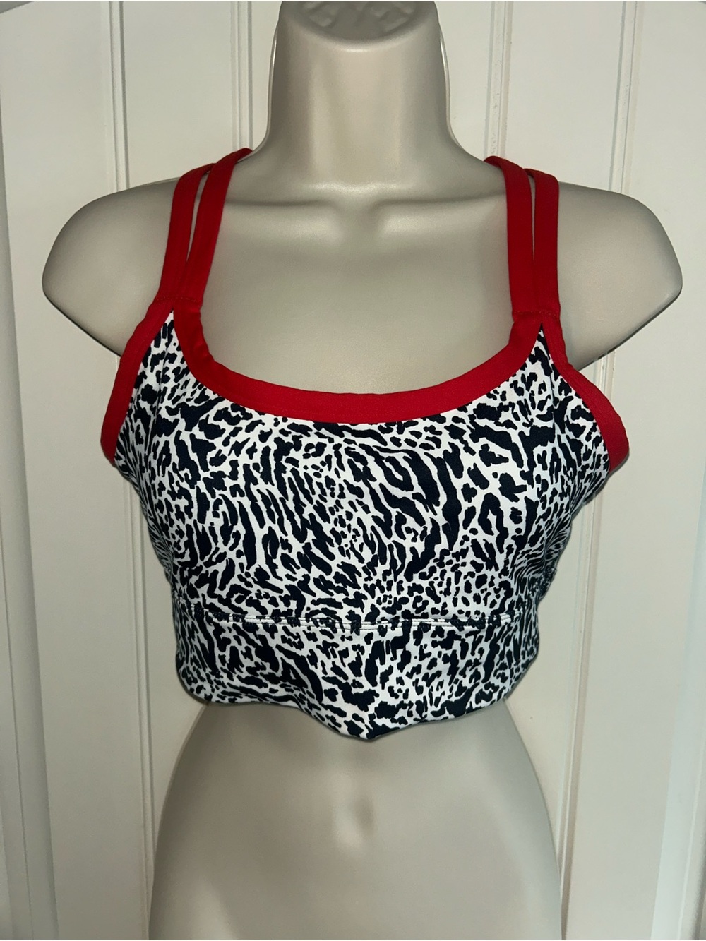 NEW Fabletics Black & White Animal Print Sports Bra with Red Trim Sz S
